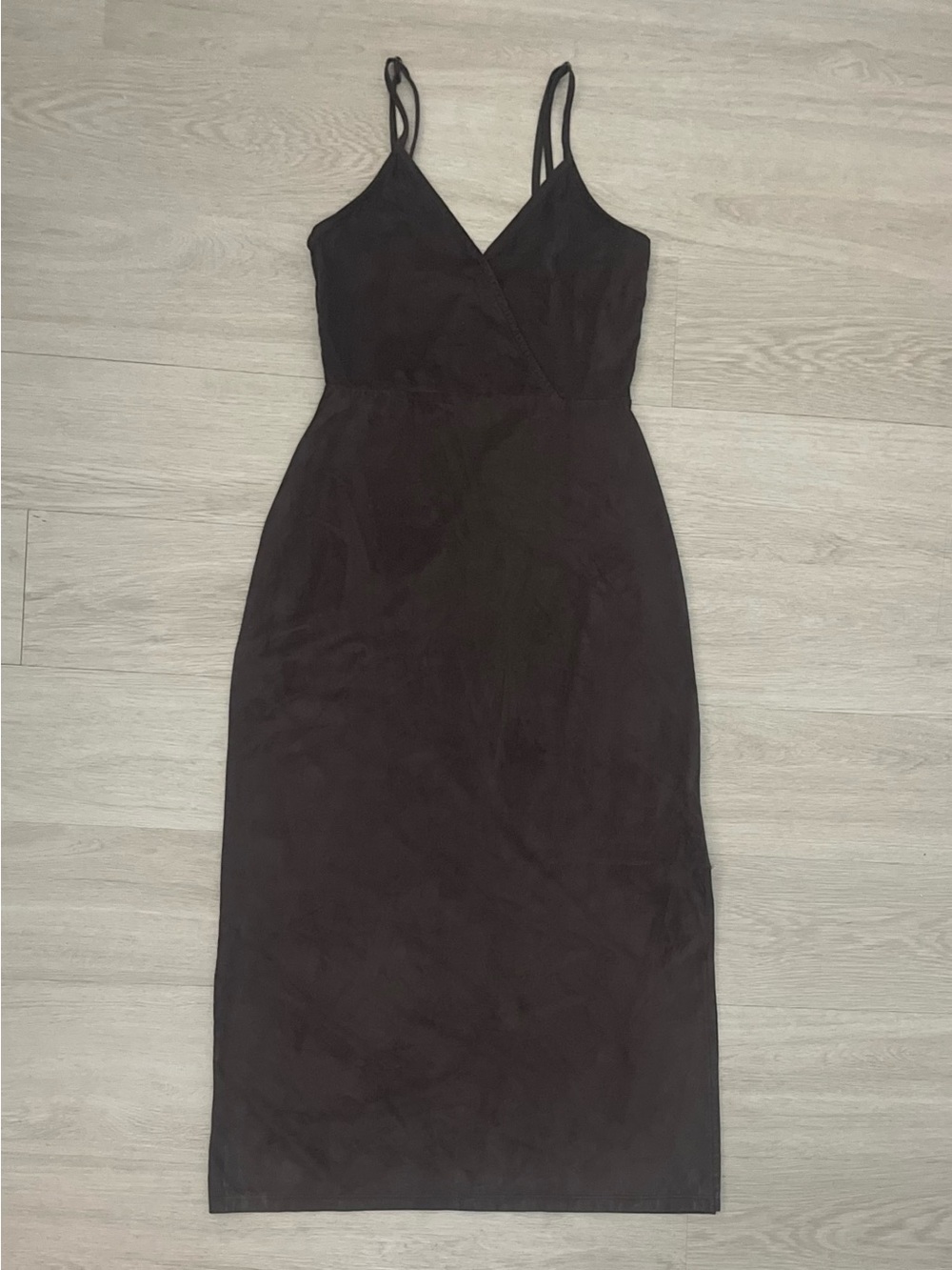 Velvet Torch Brown Midi Slip Dress with Spaghetti Straps